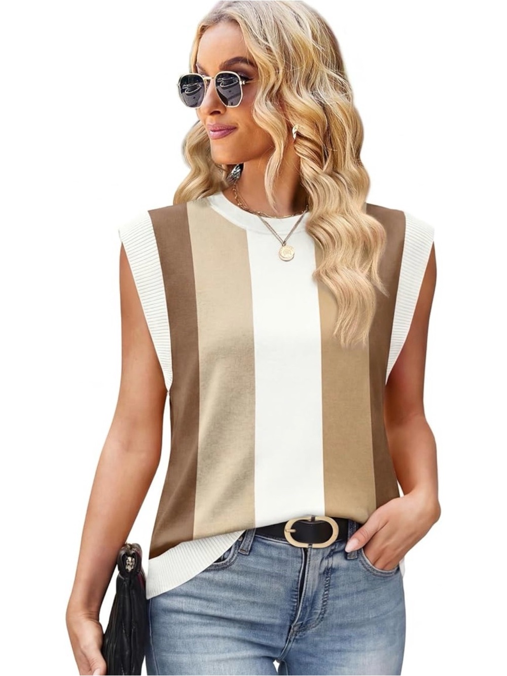 WIHOLL Neutral Colorblock Knit Cap Sleeve Sweater Top XL
